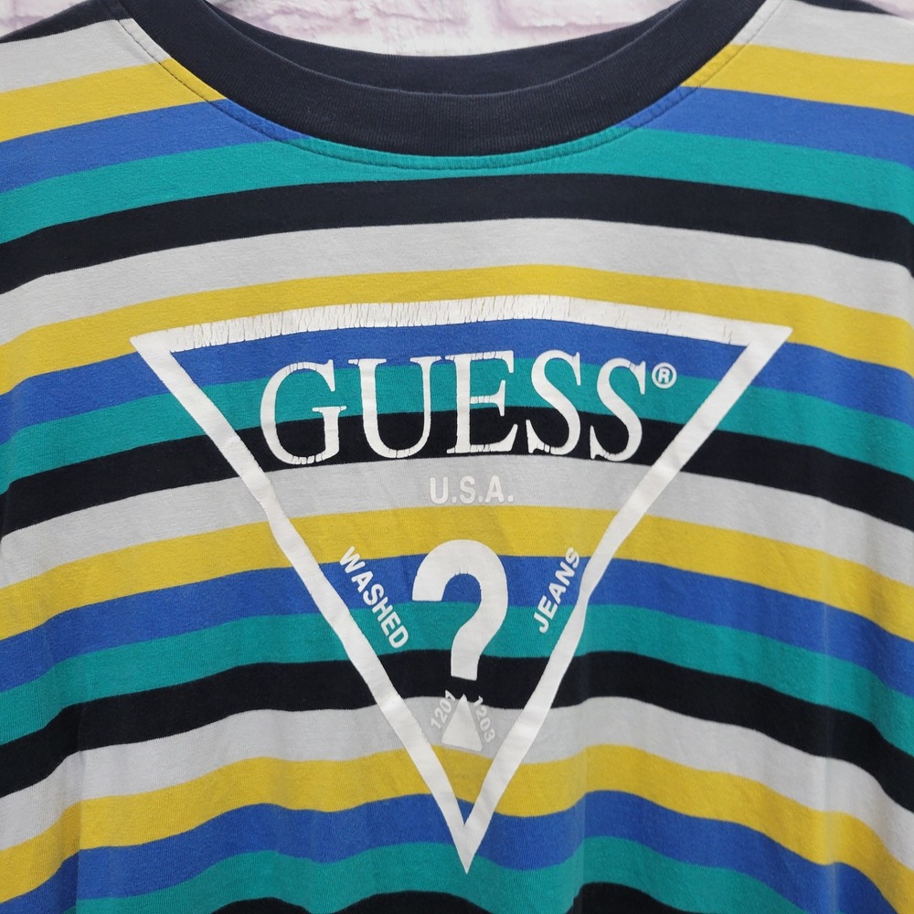 GUESS Originals Striped Logo Tshirt Mens Sz M Y2K Retro Streetwear Skater Casual - Picture 4 of 8